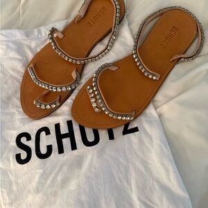 SCHUTZ Tan Leather Sandals with Crystal Trim wrap around ankle
